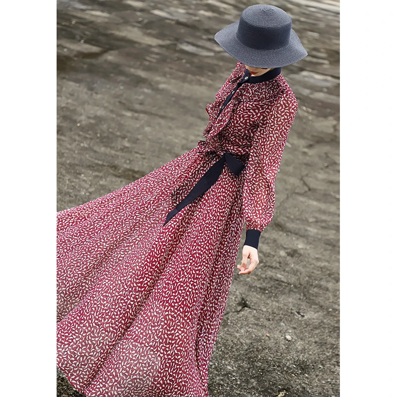 MEXCOCO/兰瑟儿兰瑟儿显瘦绑带荷叶边长袖雪纺印花连衣裙M2XL0064