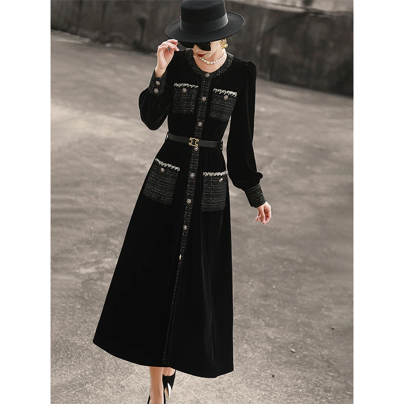 兰瑟儿2024早春新款单排扣系带粗花呢拼接黑色丝绒连衣裙M3WL1437