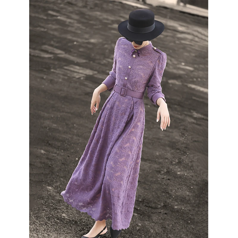 兰瑟儿秋季新款裙子气质优雅收腰显瘦长袖紫色蕾丝连衣裙M4WL9261
