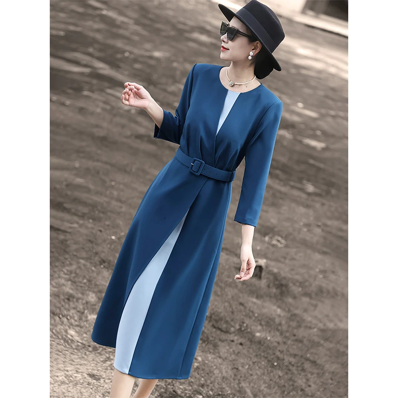 兰瑟儿秋季新款裙子气质通勤长袖收腰拼接女装连衣裙M4WL6004