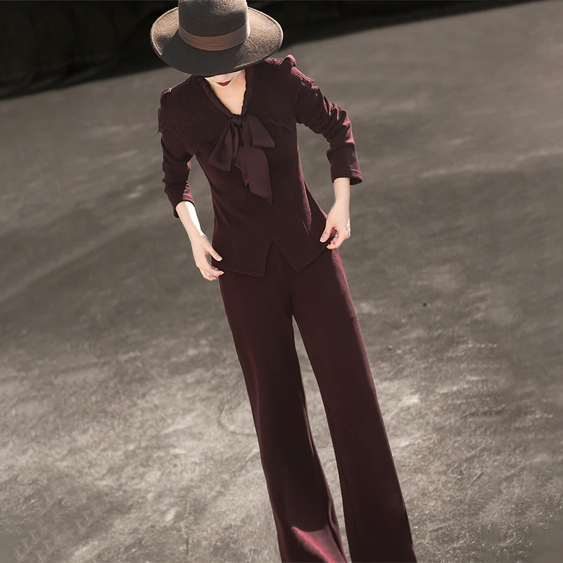 MEXCOCO/兰瑟儿秋季新款气质飘带领上衣高腰阔腿裤套装女M4QO0649