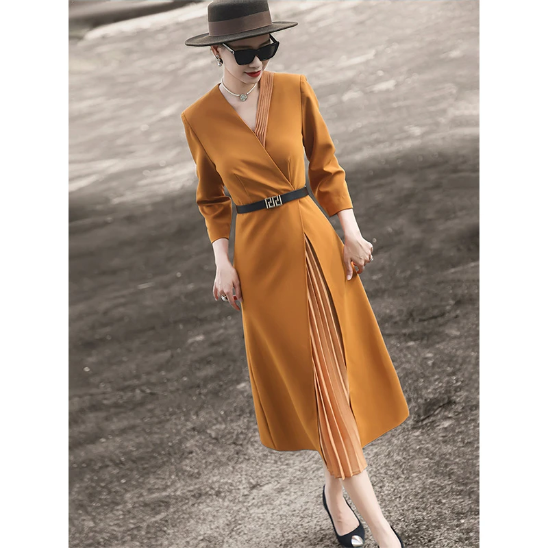 MEXCOCO/兰瑟儿秋季新款气质通勤长袖拼接系带显瘦百褶裙M4WL6008