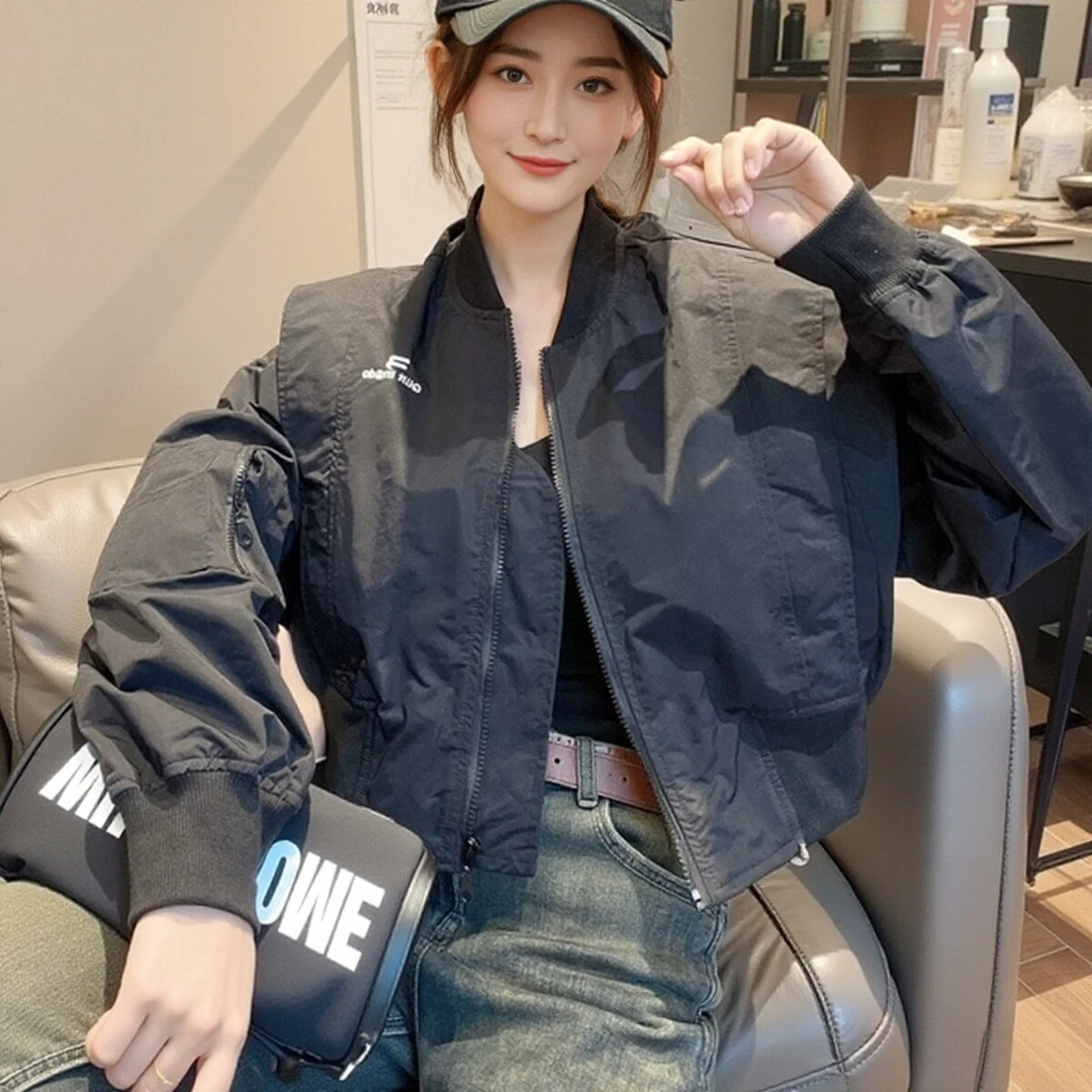 2024秋冬夹棉短款洋气立领宽松夹克棒球服加棉外套小个子设计感女