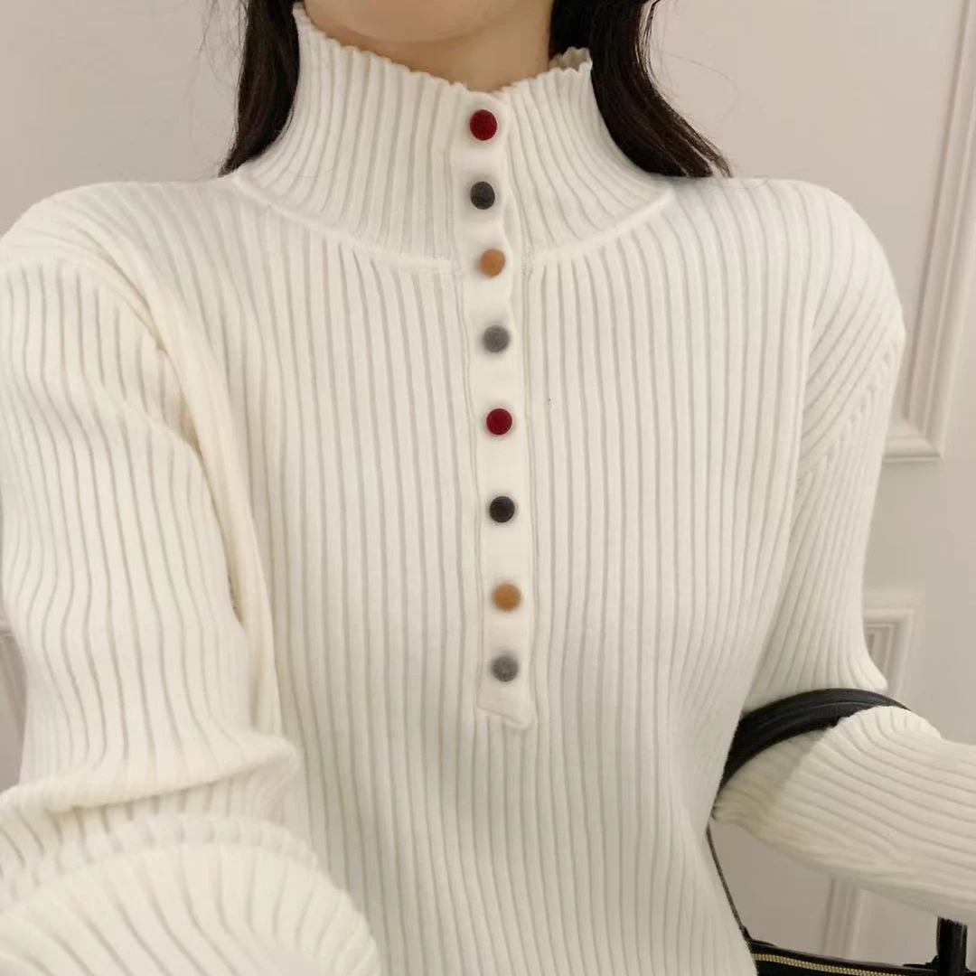 半高领法式糖果扣竖纹针织衫毛衣软糯减龄女秋冬新款加厚保暖上衣