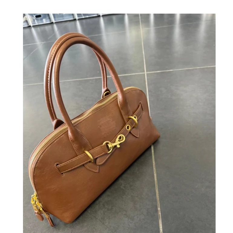 金属扣椭圆形金属拉链轻奢时尚棕色气质手提包包7SH43V04