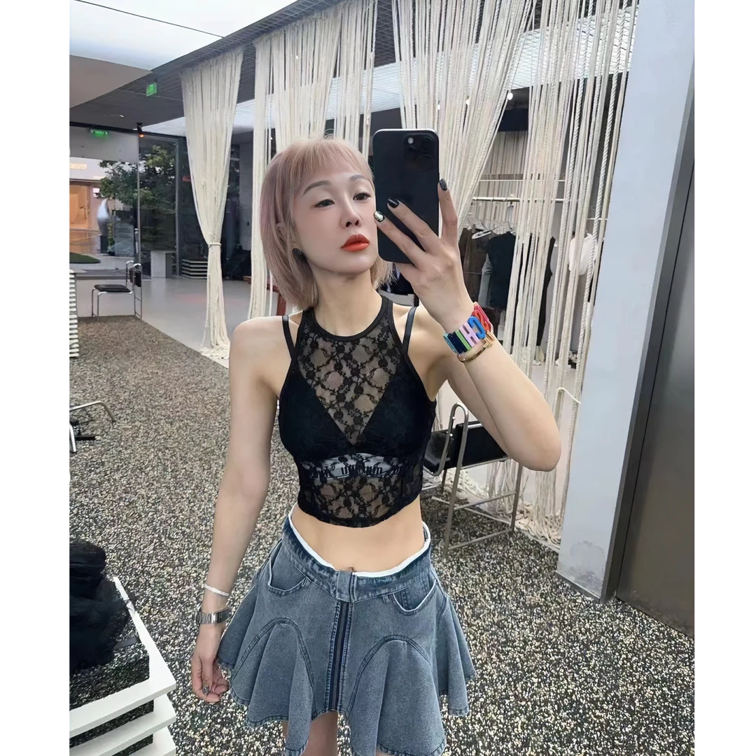 荷叶边金属拉链水洗复古牛仔短裙THR5270