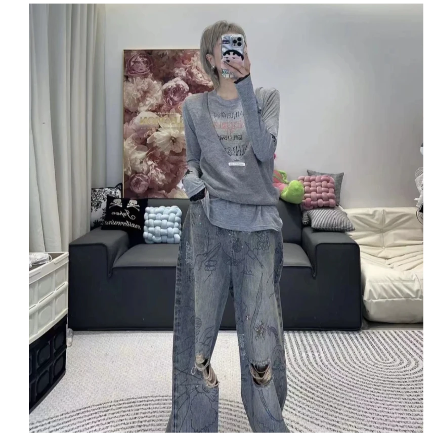 休闲印花涂鸦破洞宽松阔腿牛仔裤JEC12660