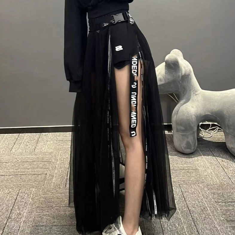 字母腰书包扣黑色不规则显瘦黑网纱裙帘 QE0524
