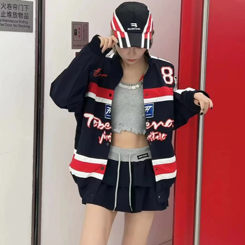 拼色重工刺绣宽松棒球服休闲开衫长袖外套JECC805