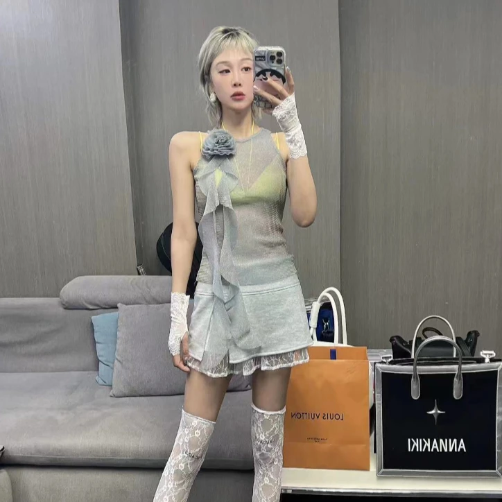 NEW假两件蕾丝针织拼接防走光内衬短裙JEC41Q124