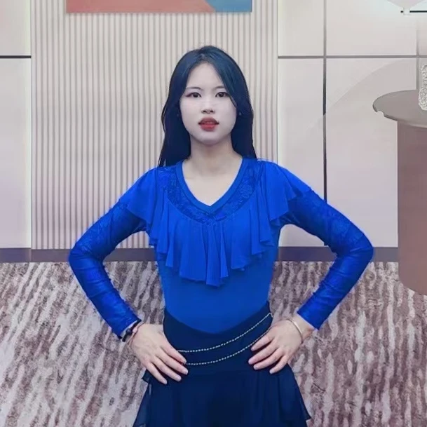 欢舞阁气质女士V领摩登双人舞交际舞丝绒花荷叶边长袖舞衣A0601