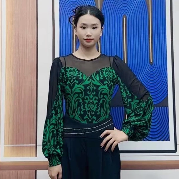 欢舞阁秋季长袖圆领摩登舞衣修身女士时尚舞蹈服气质演出服A0462