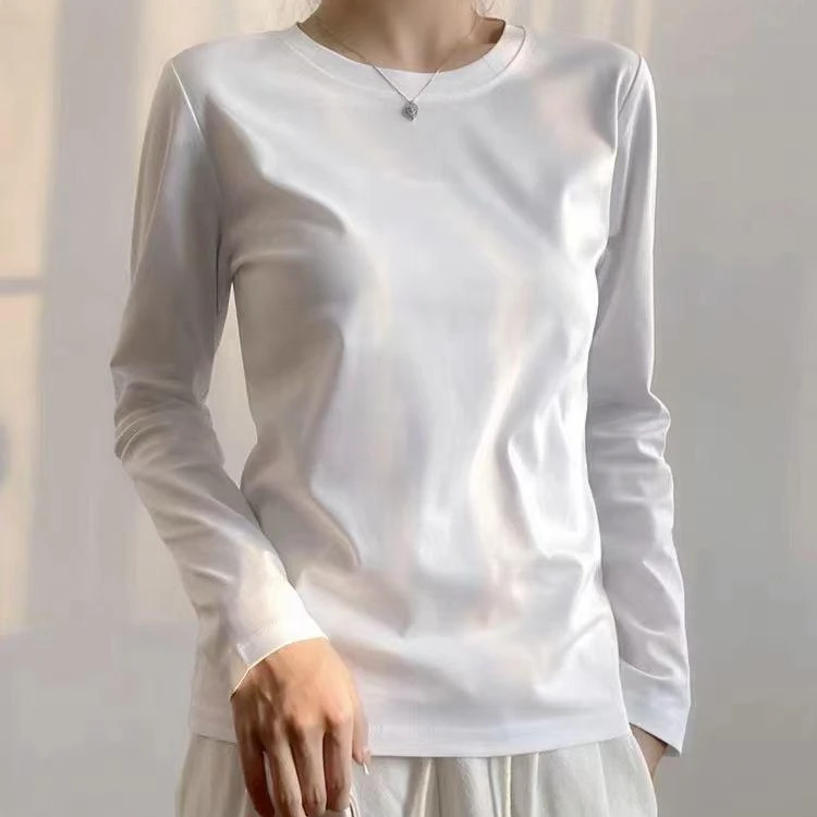 【8001-bxt】白色水柔棉长袖基础休闲打底衫百搭圆领套头T恤