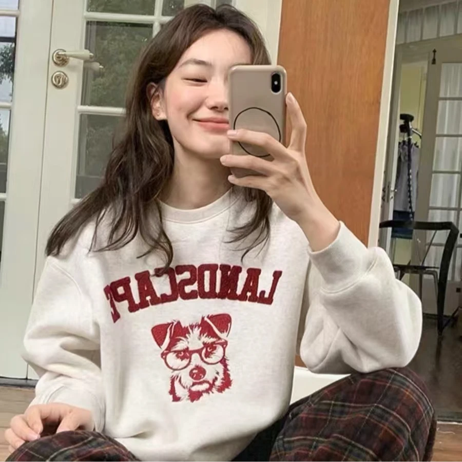 【7370-ml】加绒加厚刺绣小狗休闲百搭宽松圆领短款秋冬加厚卫衣