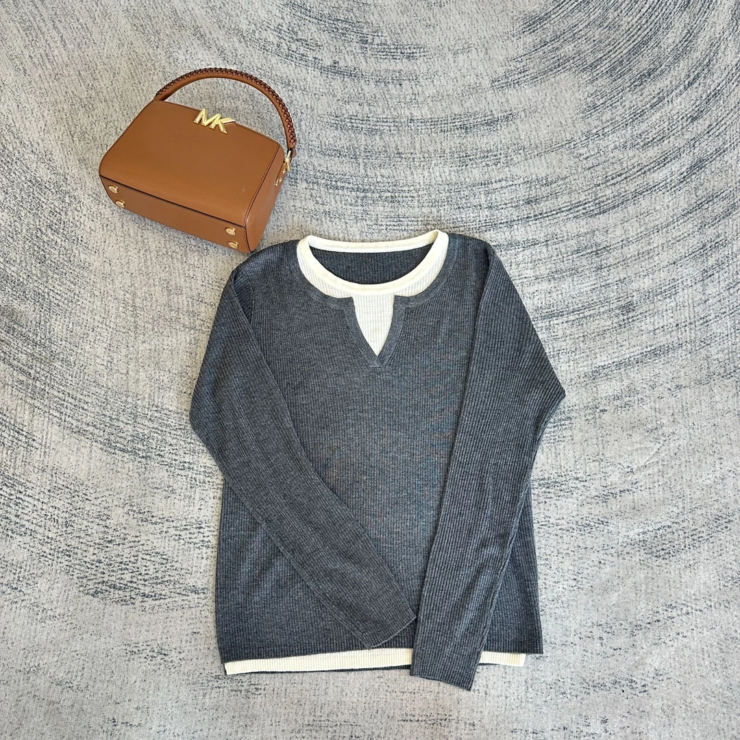 【013-yb】撞色拼接假两件长袖针织衫秋季新款设计感洋气百搭显瘦