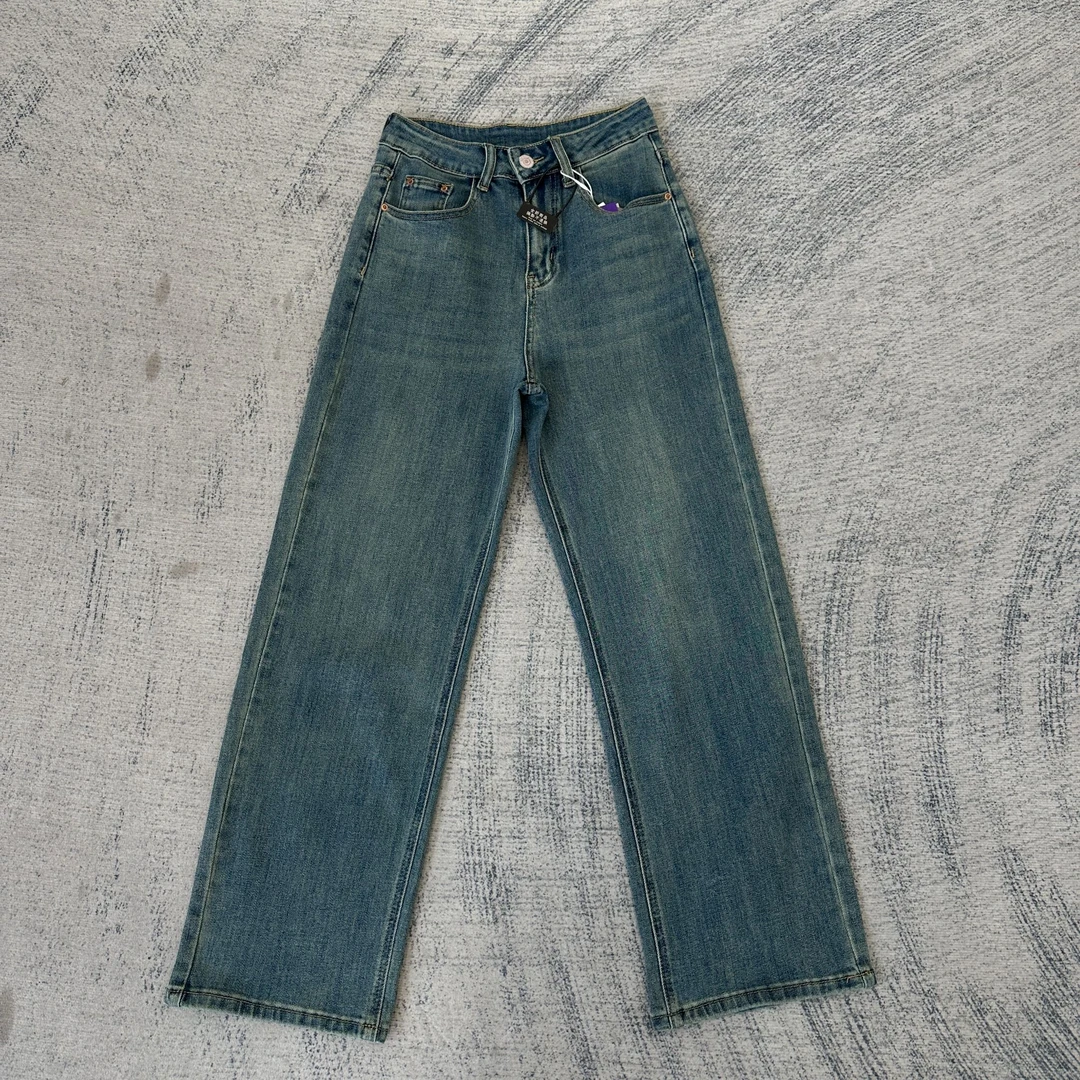 【3828】高腰复古直筒浅蓝色水洗牛仔裤时尚百搭秋季