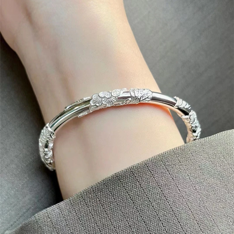 足银手镯 999足银花丝繁花似锦手镯开口对珠圆棍实心浮雕繁花纹银