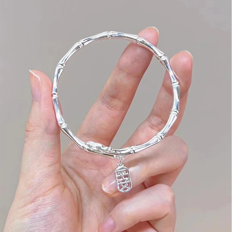 足银手镯 999足银莲花竹节手镯新中式平安吊牌年轻款节节高升开口