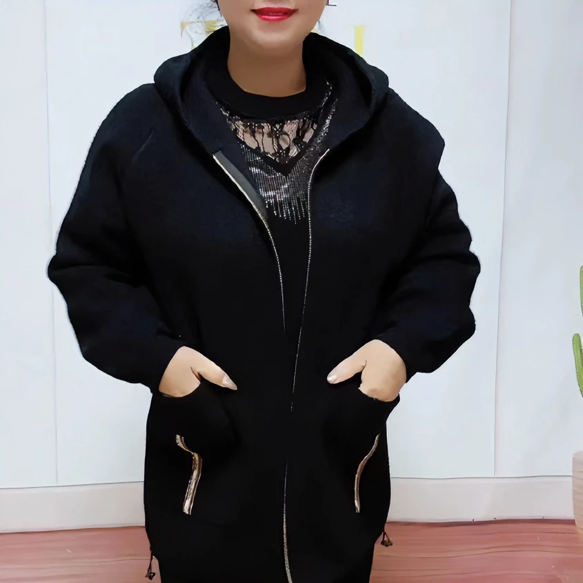 明璐777针织时尚休闲百搭女士连帽秋冬拉链大码显瘦短款外套带帽