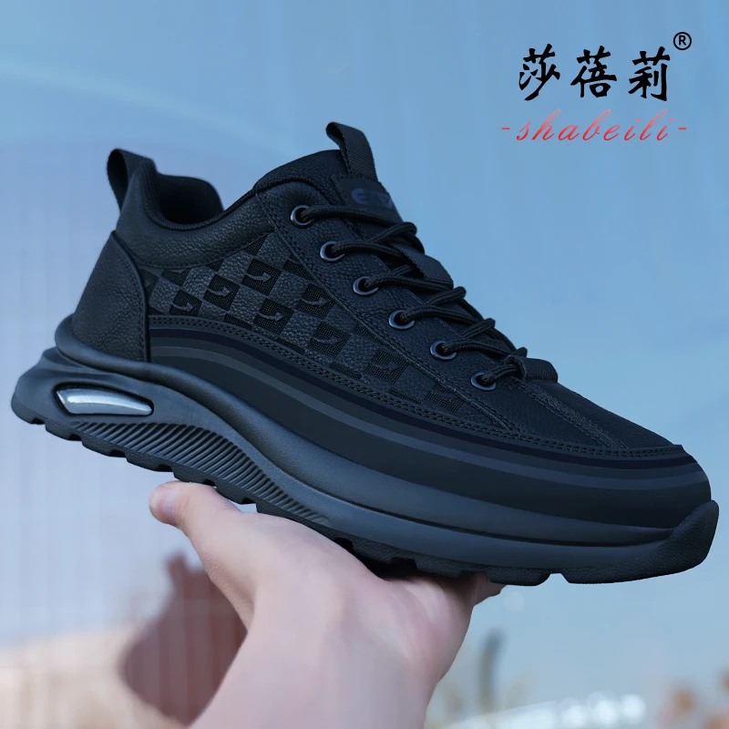 莎蓓莉男鞋冬季新款男士运动鞋黑色皮面休闲百搭潮流鞋子男春季