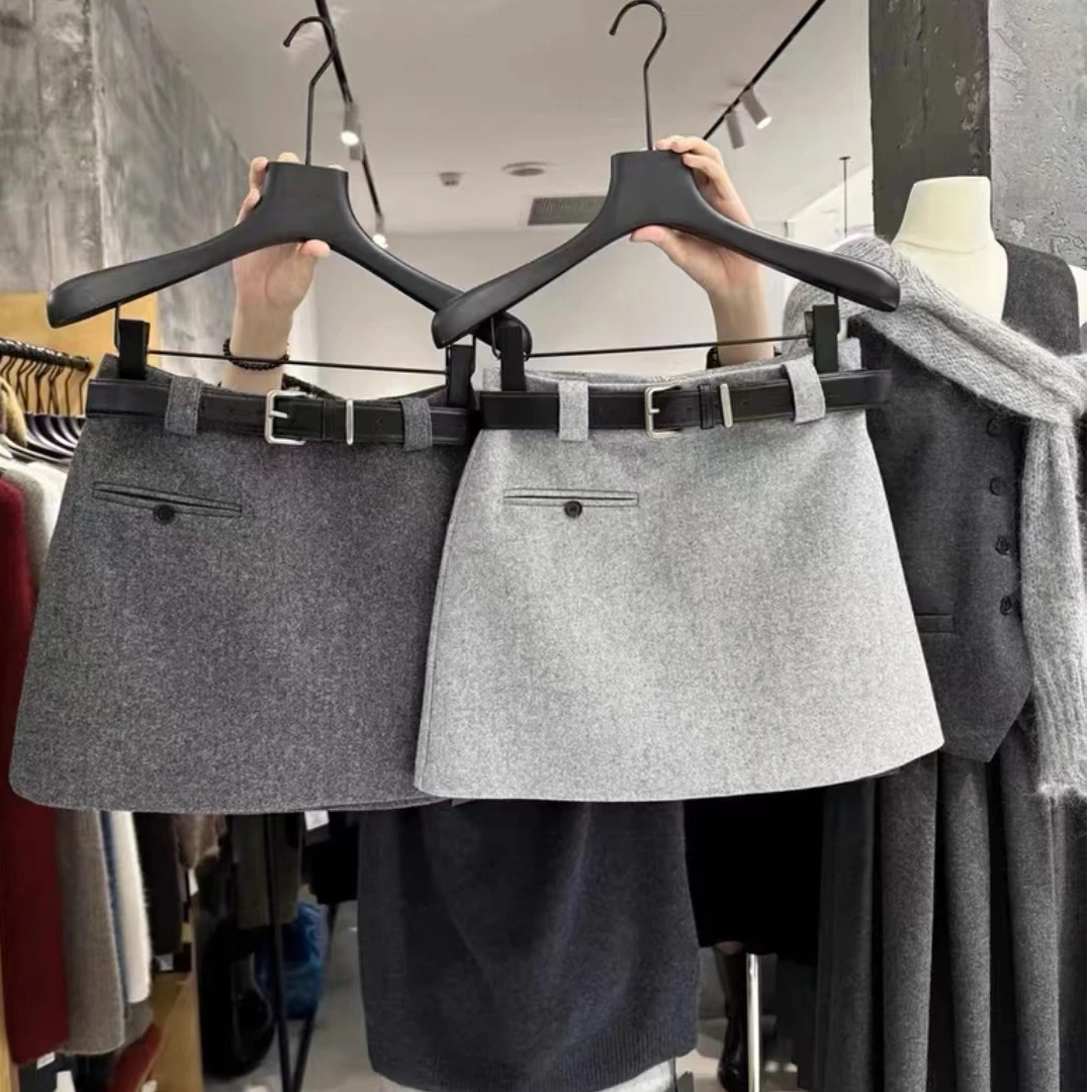 【一粒扣极简风a字短裙 送腰带】高腰百搭显瘦带里衬短裙简约毛呢