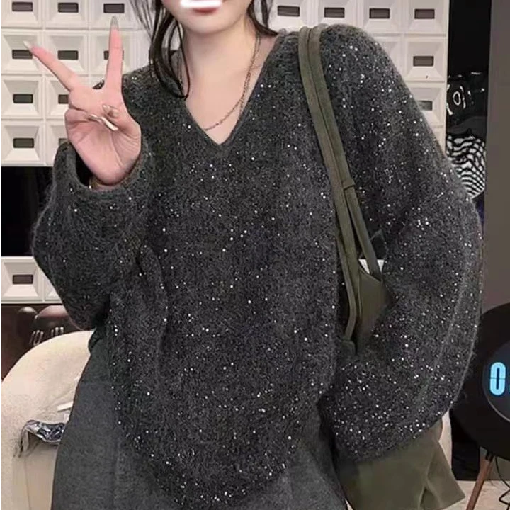 聚会战袍秋冬季v领亮片长袖针织衫毛衣女时尚宽松上衣
