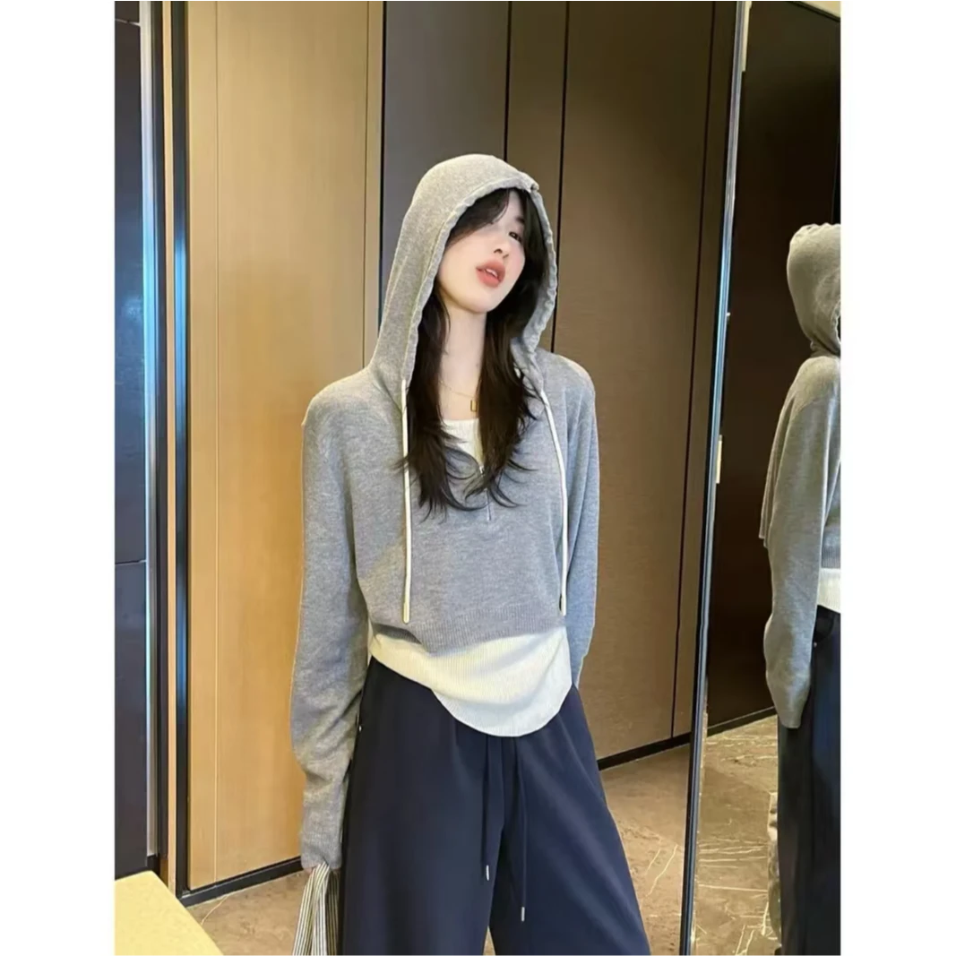 2024秋冬新款时尚连帽休闲两件套长袖显瘦百搭套头针织