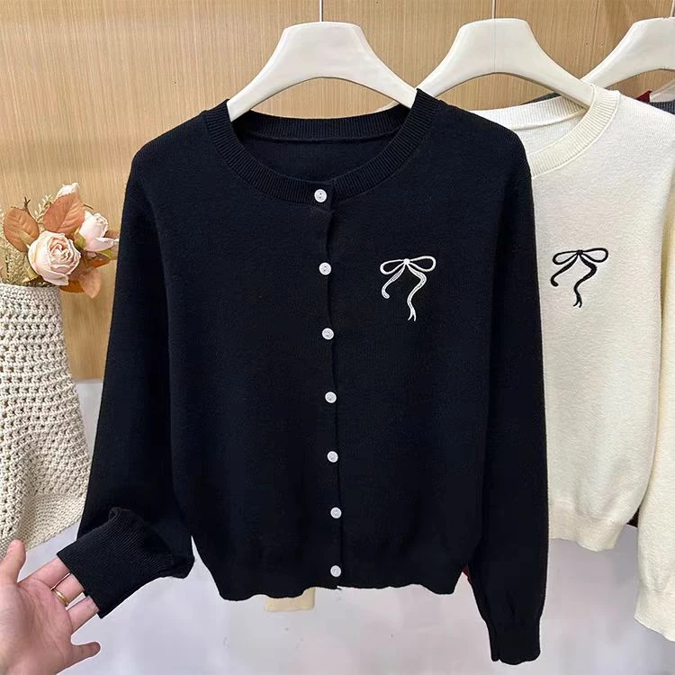 四季青蝴蝶结刺绣针织衫开衫女春秋季2024新款宽松毛衣外套