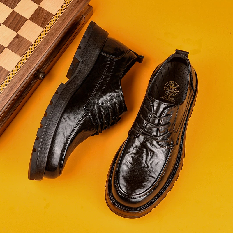 1623皮鞋男士休闲鞋百搭潮流手抓纹轻质商务英伦风厚底时尚增高鞋