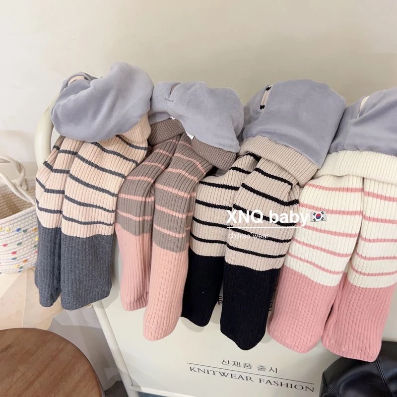 女童加绒打底裤冬季新款儿童条纹弹力小脚裤宝宝保暖长裤子针织裤