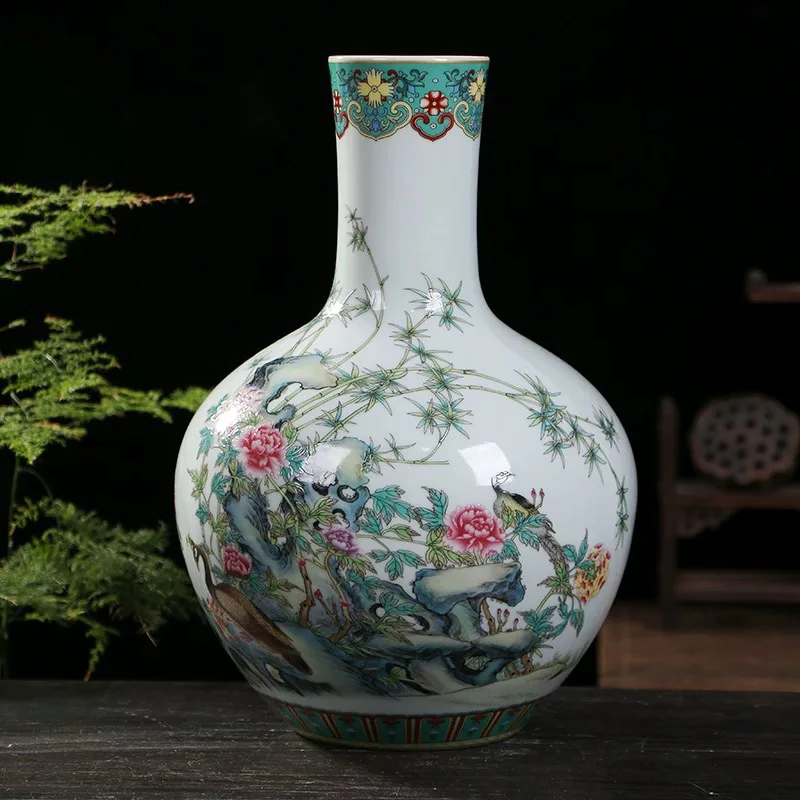 景德镇陶瓷粉彩牡丹孔雀蝶竹子天球瓶富贵图家用桌面花瓶摆件