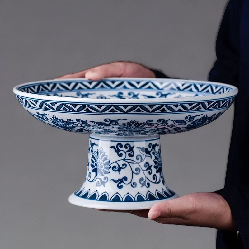 景德镇陶瓷青花花瓶盘贡盘中式水果盘复古高脚摆件果盘景德镇花瓶