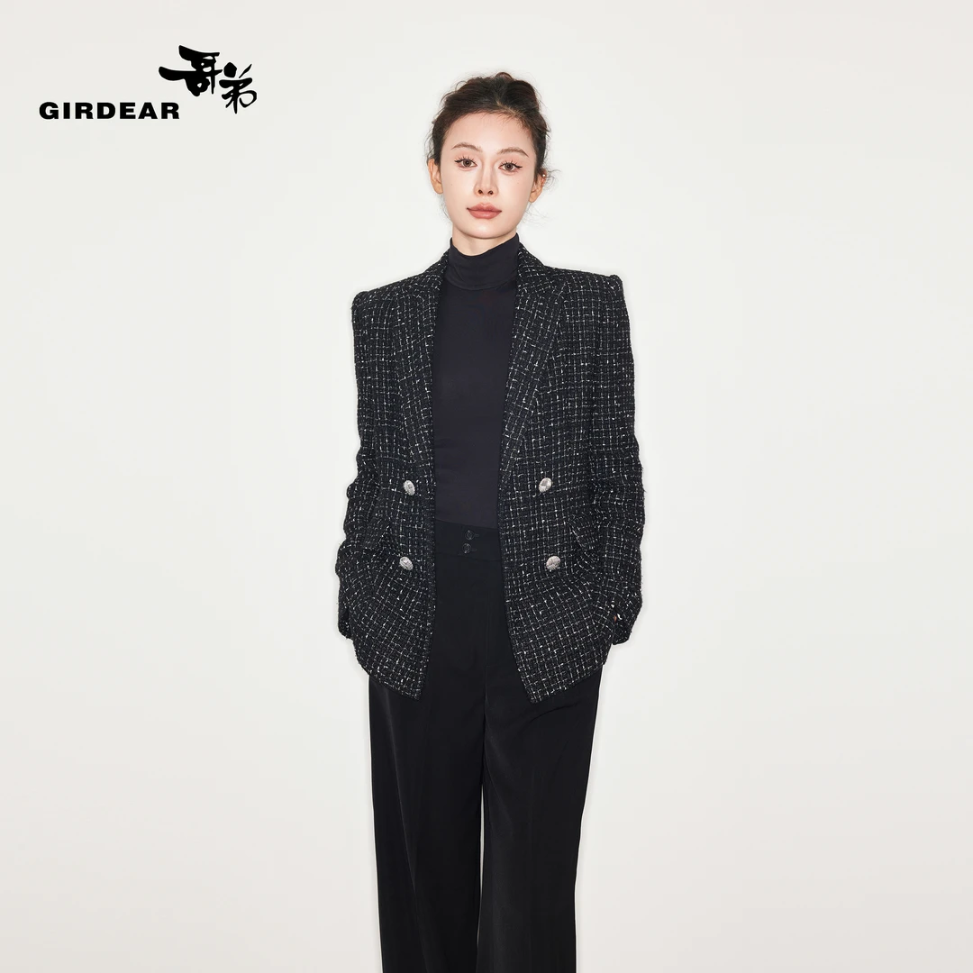 GIRDEAR/哥弟轻奢黑金粗花呢通勤小香风西装外套1400616-4A26411