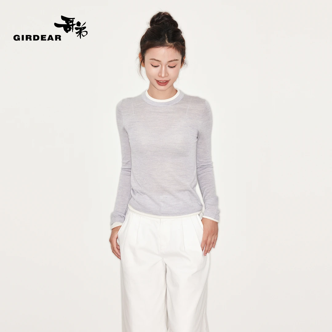 GIRDEAR/哥弟假两件拼接白边圆领修身薄款绵羊毛针织衫1399763-4T