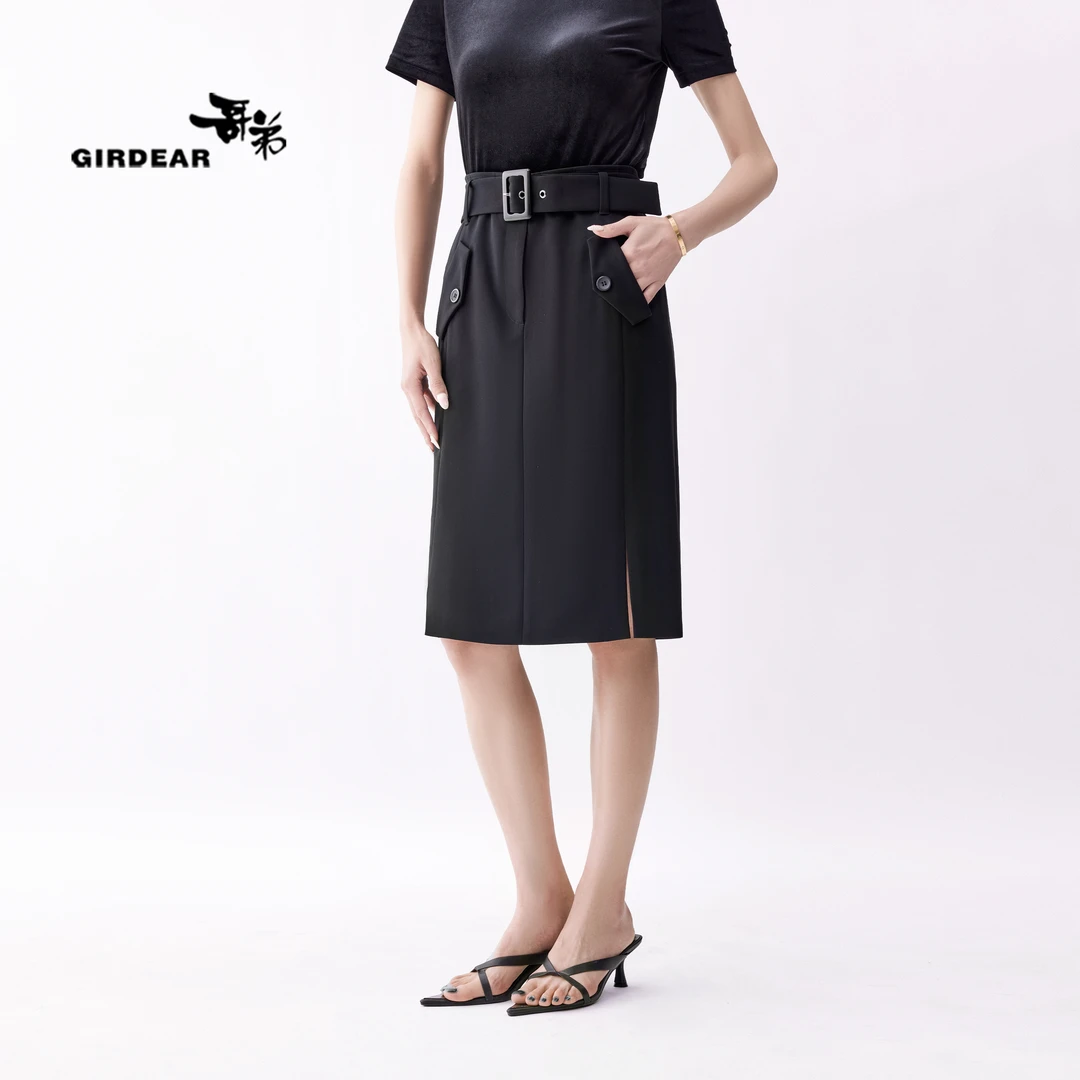 GIRDEAR/哥弟气质显瘦半身裙高腰系带黑色一步半裙1200134-255611