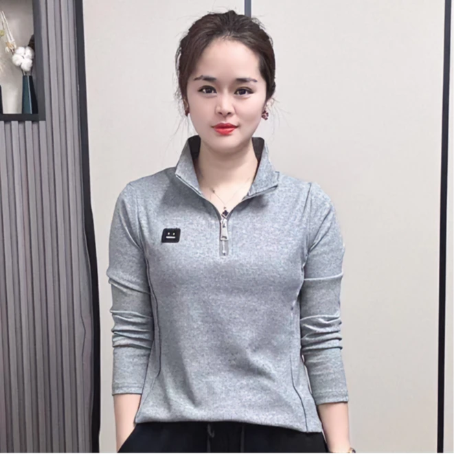 刺绣套头长袖上衣女2024秋季新款时尚拉链翻领纯色显瘦气质小衫