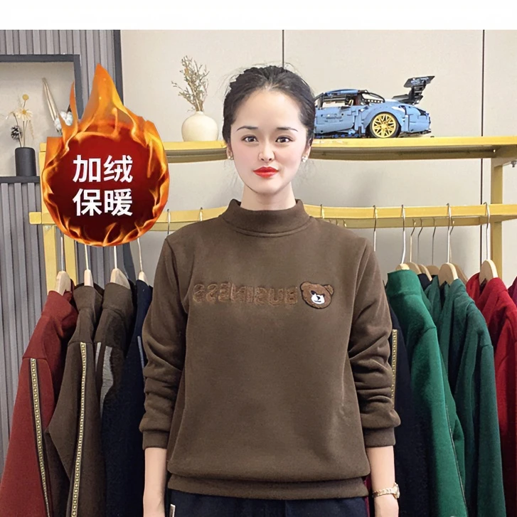 刺绣圆领长袖加绒加厚卫衣女2023冬季新款宽松休闲保暖打底妈妈装