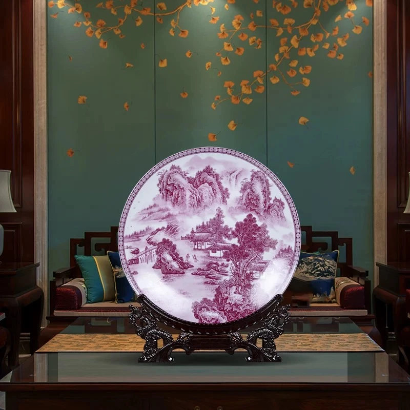 【王家陶瓷】胭脂红红山水赏盘+底座