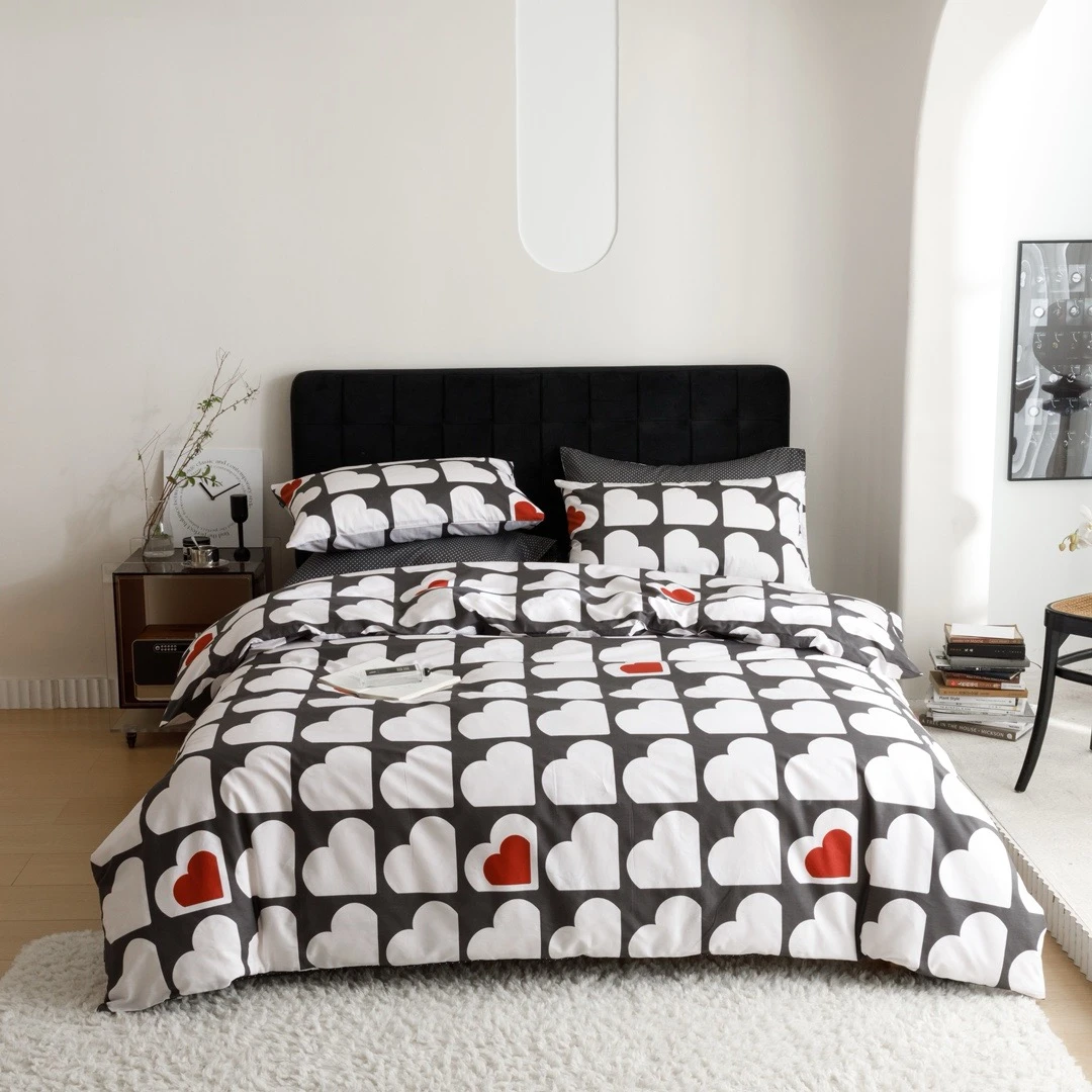 【千鸟格爱心】简约印花全棉纯棉100%棉三件套四件套套件学生宿舍