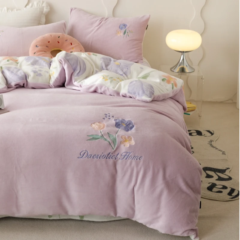 【呆萌小刺绣】牛奶绒卡通毛巾绣刺绣四件套秋冬保暖