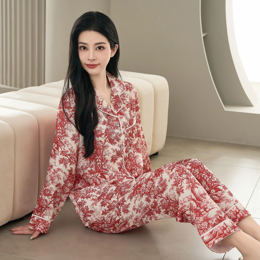 春秋款【D家水墨红】江南贡缎软丝女士时尚高感睡衣家居服套装