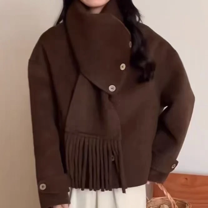 2024新双面呢绵羊毛大衣宽松两穿羊毛小个子脱卸外套围巾流苏短款