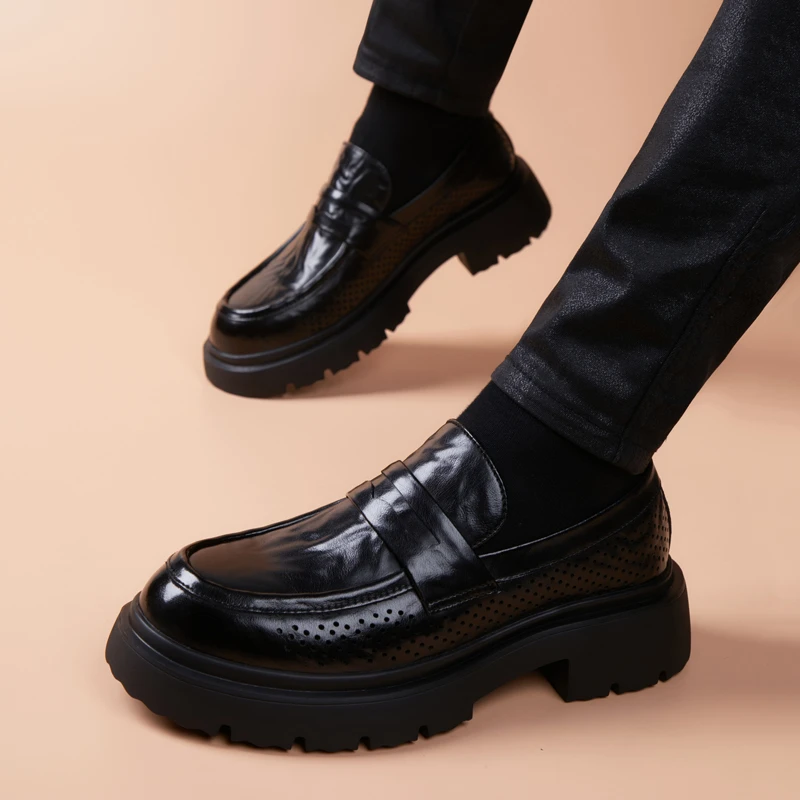 （侧边打孔）夏季男士透气套脚皮鞋厚底休闲男皮鞋时尚百搭一脚蹬鞋