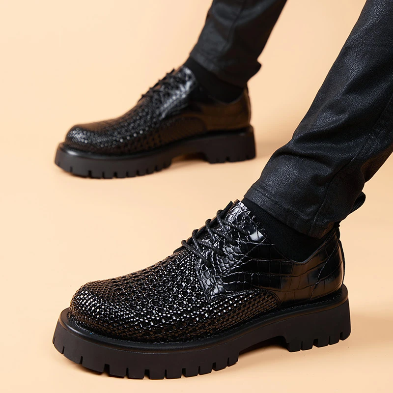 编织款夏季透气男士皮鞋青年英伦商务休闲男皮鞋厚底增高镂空皮鞋