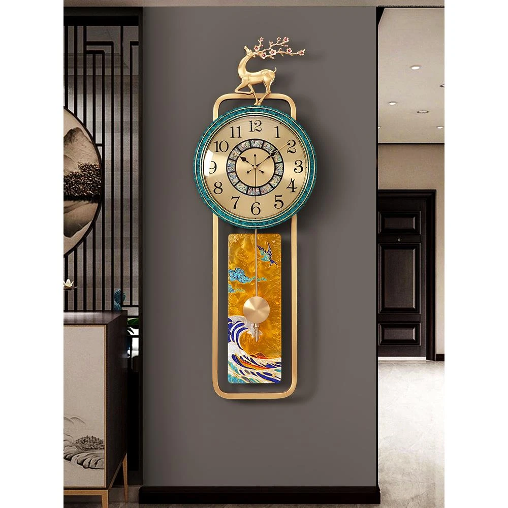 新中式黄铜挂钟客厅创意装饰壁钟轻奢大厅家用个性挂表玄关石英钟