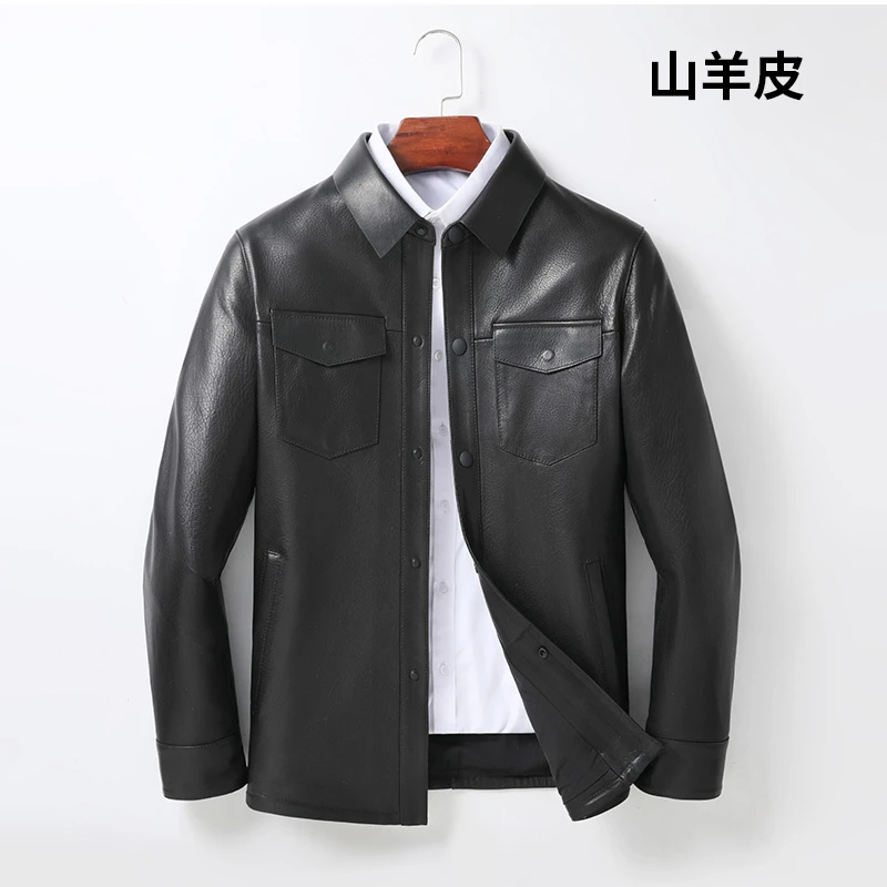 皮衣外套男真皮进口A+级头层绵羊皮衬衣款翻领修身外套真皮皮衣男