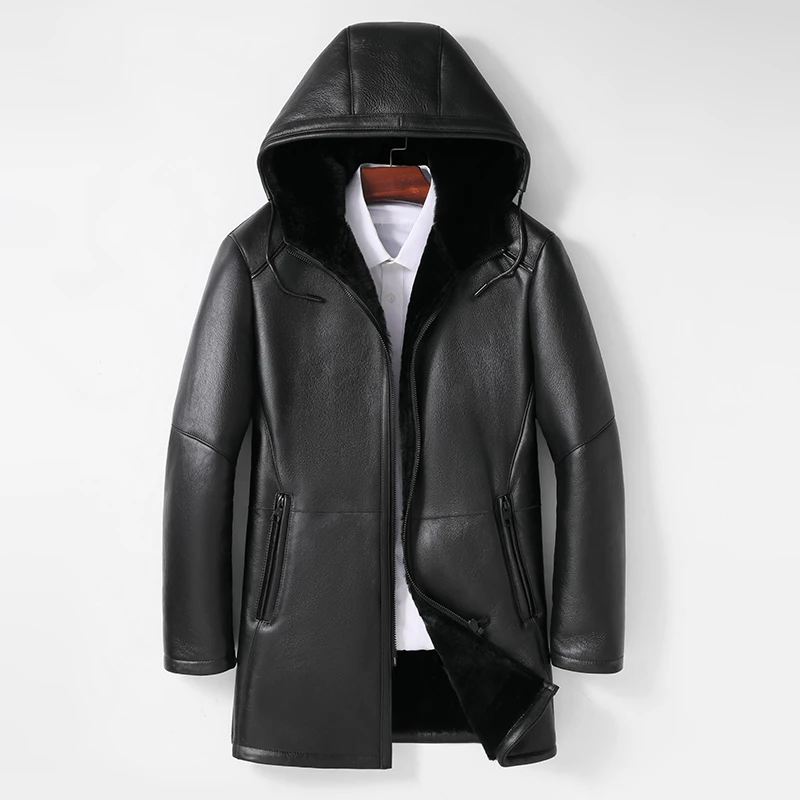 土耳其进口原生态皮毛一体外套连帽中长款商务修身真皮真毛皮草男
