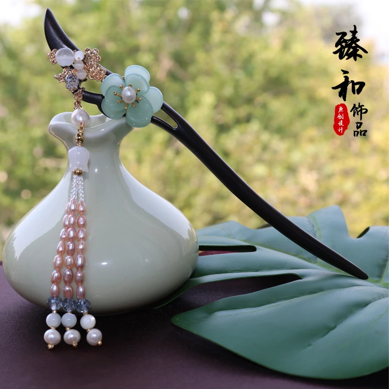 【涵悦】手工复古黑檀木发簪流苏头饰