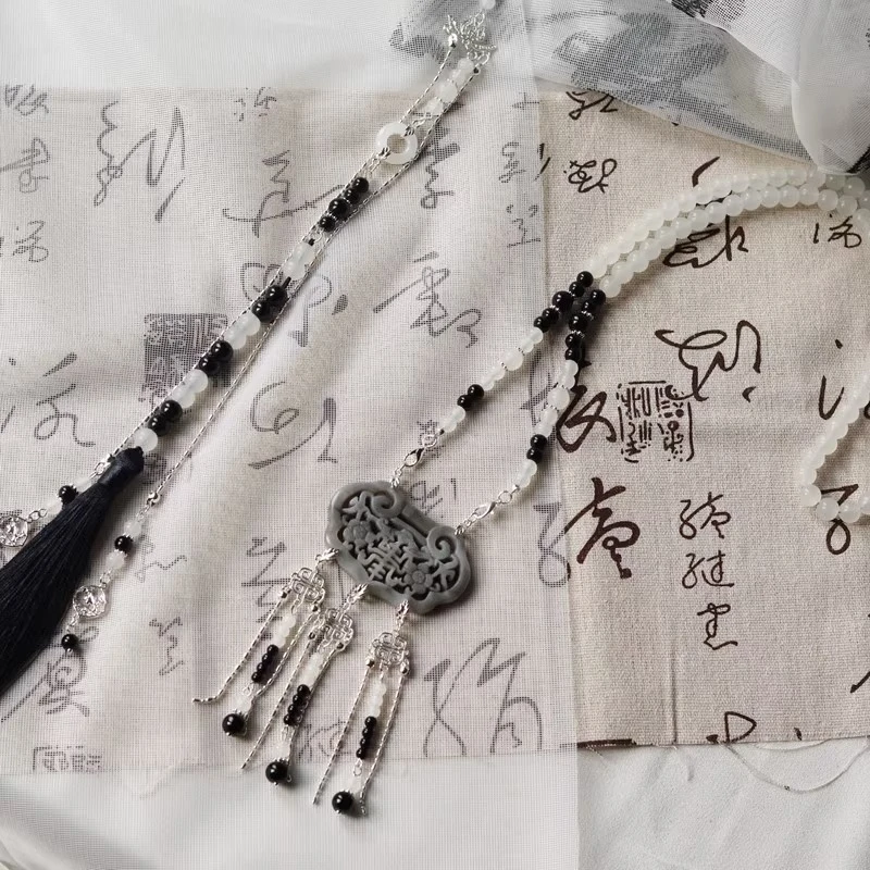 非金属玻璃吊坠 水墨色软璎珞新中式马面裙配饰背云流苏汉服旗袍