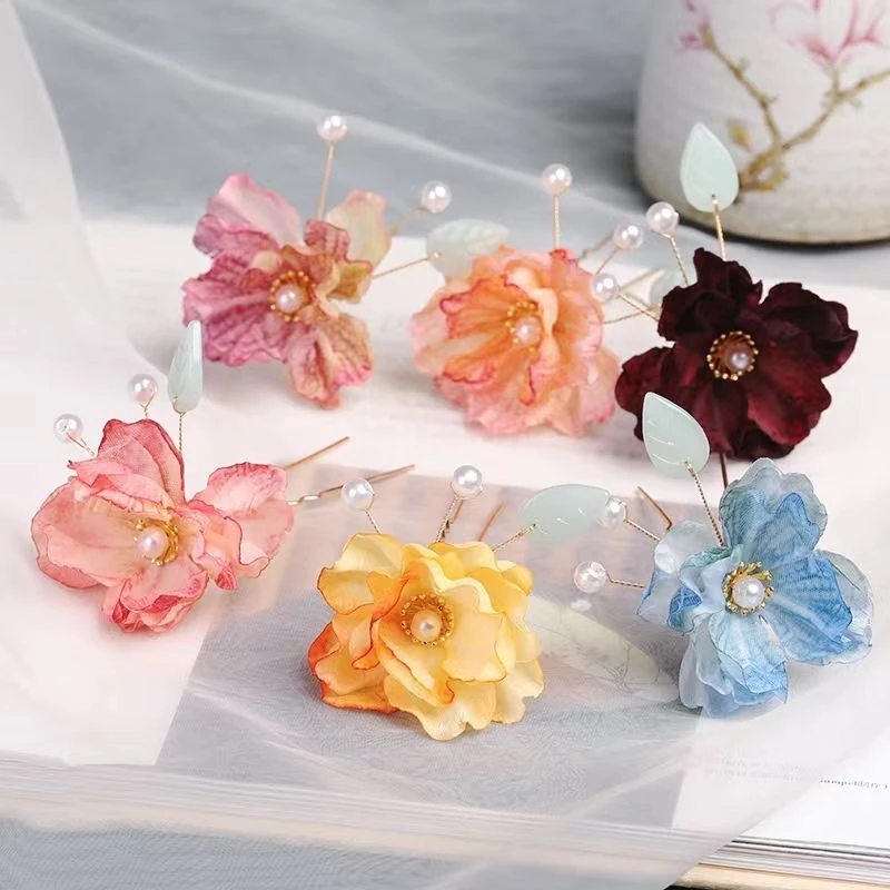 汉服绢花点缀小花发钗古风发簪U钗复古簪花古装配饰